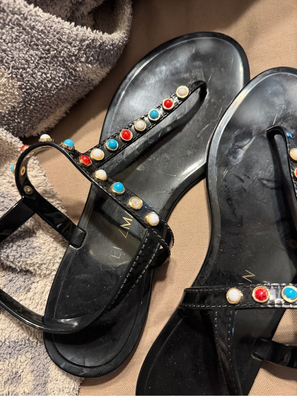 Stuart Weitzman Black T-Strap Sandals with Red, Turquoise & Pearl Studs - Picture 2 of 3